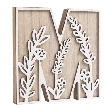 Imagem de caiydramy Letras de madeira florais pintáveis em camadas 3D para decoração de parede, letras do alfabeto de 12,4 cm para artesanato, letra M, decoração de mesa, placa de nome de berçário boho