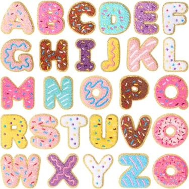 Imagem de WILLBOND 28 peças de adesivos autoadesivos de chenille com tema de sobremesa, apliques bordados de cupcake de doces para bolsas de roupas, artesanato, aniversário, Natal, meninas, mulheres (alfabeto