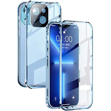 Imagem de HAODEE Capa de telefone de vidro de atração magnética, para Apple iPhone 13 (2021) Capa de telefone transparente de vidro temperado dupla face de 6,1 polegadas (cor: azul pico distante)