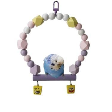 Imagem de Brinquedo de balanço de gaiola de pássaro para pendurar, poleiro de papagaio de madeira natural com suporte, pequeno acessório de calopsita para pintassilgo e periquito (roxo)