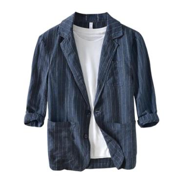 Imagem de UEAUY Blazer masculino casual esportivo casaco de linho listrado terno jaqueta blazer manga 3/4 terno diário, Azul marinho, 4X-Large