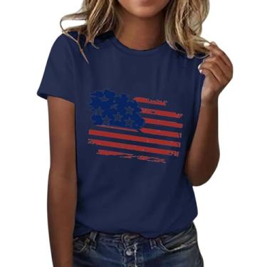 Imagem de Camiseta feminina moderna casual com bandeira do Dia da Independência estampada gola redonda manga curta camiseta xadrez para mulheres, Azul marino, 3G