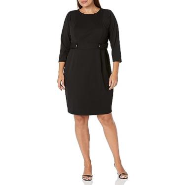 Imagem de London Times Vestido feminino para trabalho, escritório, negócios, bainha com detalhe de botão na cintura, Preto, 25 Plus Size