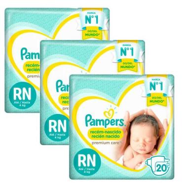 Imagem de Kit 3 Fraldas Descartáveis Pampers Premium Care Recém-Nascido RN 20 Un