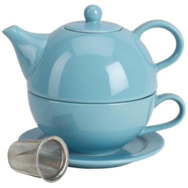 Imagem de Omniware Chá de chá para um conjunto – Bule de chá de 290 ml, caneca de 227 g, pires, infusor removível de aço inoxidável – Grés esmaltado sem chumbo, bico sem gotejamento, empilhável, lavável na