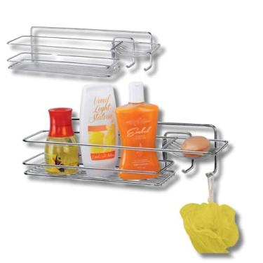 Imagem de Suporte Porta Shampoo e Sabonete Organizador de Box Banheiro com Ganchos para Esponja ou Toalha com Drenagem Aço Cromado Premium 39cm x 11cm