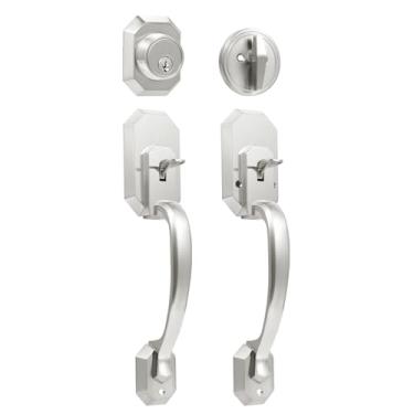 Imagem de GOANEFIVE Maçanetas internas e externas de níquel acetinado com conjunto de fechadura e alavanca, conjunto moderno de fechadura da porta da frente, maçaneta de porta de níquel acetinado com fechadura