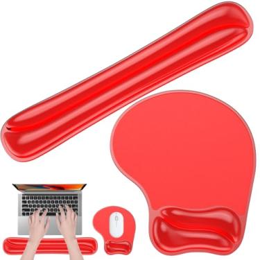 Imagem de Laokiiy Conjunto de gel para mouse pad e teclado, teclado ergonômico e mousepad com suporte de pulso, descanso de pulso para teclados, teclado de computador, gel refrescante vermelho