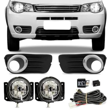 Imagem de Kit Farol de Milha para Palio Way 2015 a 2017 Palio Economy 2014 a 2016 Completo com Grade Moldura Chicote Botão e Relê Auxiliar Neblina (Moldura Cinza Escuro com Aro Cromado)