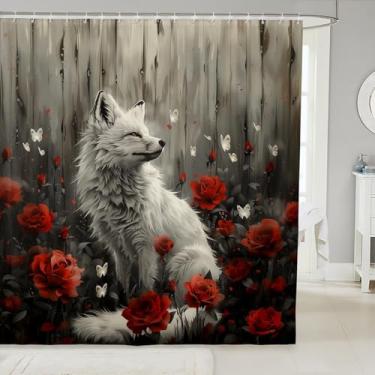 Imagem de Cortina de chuveiro de raposa rosa vermelha, cortina de banheiro rústica retrô para decoração de banheiro de crianças, meninos, meninas, flor de borboleta, animal selvagem, cortina impermeável com