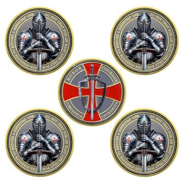 Imagem de 5 peças de aço Helm Knight Cross Challenge Coin | Valor cavalheiresco e medalhão de escudo sagrado | Símbolo histórico dos cavaleiros templários | Presentes comemorativos para colecionadores