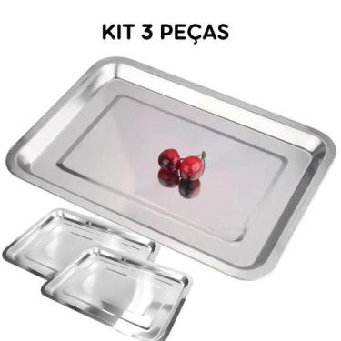 Imagem de 3 Bandejas Inox Rasa Retangular 30 X 40 Servir - Kit 3 Peças - Kehome