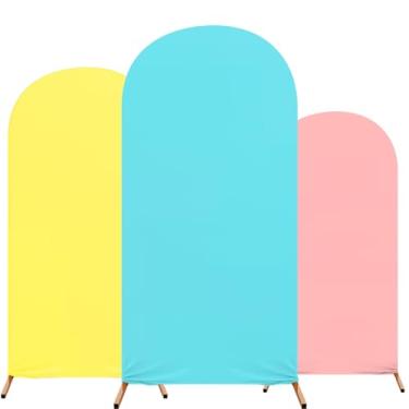 Imagem de Tingjoo Decoração de festa de aniversário, conjunto de 3 capas de arco com estampa temática de elastano para festa de aniversário, 1,2 m, 1,5 m, 1,8 m (rosa, amarelo, azul)