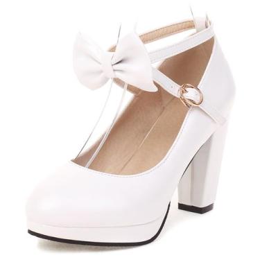Imagem de Sapatos ForeMode Bow Mary Jane High Heels em couro branco