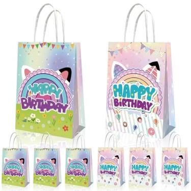 Imagem de MIHYLNE 12 peças de sacos de papel para lembrancinhas de festa com tema de gato fofo, sacolas de presente de gato fofo com alças, impressão dupla face, bolsa de doces para decoração de chá de bebê de