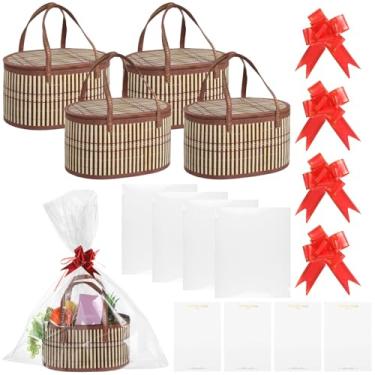 Imagem de OMISTAR 4 conjuntos de cestas de madeira tecidas para presentes, kit de cesta grande vazia com sacos de presente, laços, cartões, 29 x 15 x 15 cm, cestas de presente dobráveis estilo rústico para