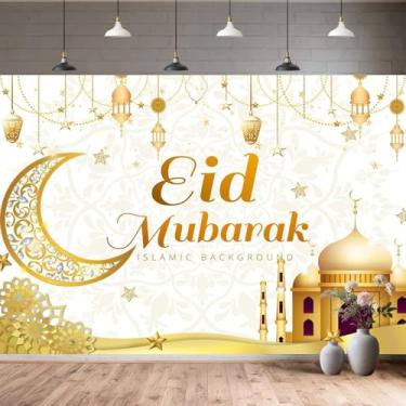 Imagem de Decorações Eid Mubarak de 1,8 x 1,5 m, cenário fotográfico muçulmano do Ramadã Kareem, lanterna, lua, mesquita, Eid Mubarak, decorações de festa, fundo, fotografia, estúdio, adereços