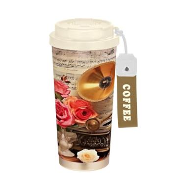 Imagem de Wassud Caneca de café vintage com isolamento de gramofone e rosas copo à prova de vazamento com tampa e canudo garrafa de água de aço inoxidável para café quente/gelo, chá e cerveja