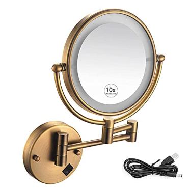 Imagem de YYBOES Espelho de maquiagem montado na parede LED dupla face ampliação 1X/10X espelho giratório extensível para banheiro hotéis alimentado, recarregável por USB, bronze