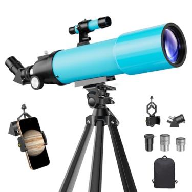 Imagem de Telescópio astronômico para adultos e crianças de 8 a 12: alta potência 80 mm portátil refratante FMC iniciantes explorador mira para viagens lua planeta estrelas olhando com tripé profissional