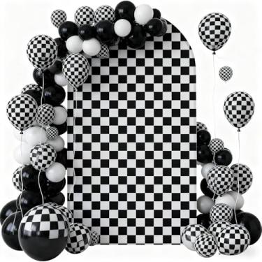 Imagem de Irisbell Capa de fundo xadrez com arco de 2,5 m, elastano, ajustada, xadrez, carro de corrida, festa, caminhão, decorações de arco para chá de bebê, casamento, aniversário, banquetes (preto e branco