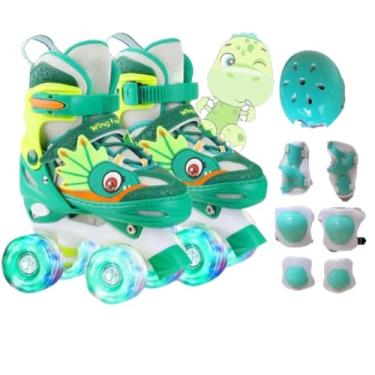 Imagem de Patins 4 Rodas Ajustável com Rodas LED, Kit de Segurança Incluído, Dinossauro, Rodas de Poliuretano, Unissex Juvenil (Dinossauro Verde, G - 36 a 39)