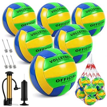 Imagem de Pacote com 6 bolas de vôlei oficiais tamanho 5, vôlei macio à prova d'água com bomba e bolsa de rede para uso interno ao ar livre, praia, piscina, academia, treinamento - bola de vôlei de competição