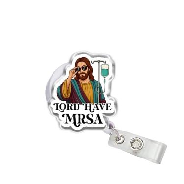 Imagem de OKOMCM Lord Have MRSA Carretel retrátil para crachá de enfermeira, tamanho 5 cm, clipe de cinto, suporte de crachá de identificação de acrílico, cordão de humor negro, acessórios de Jesus Cristo
