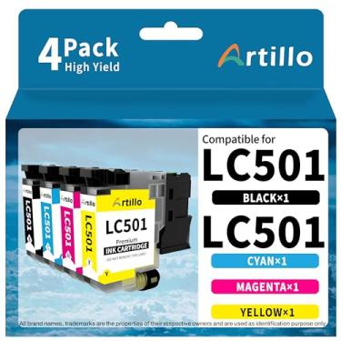 Imagem de Artillo Cartuchos de tinta LC501 de alto rendimento de substituição para impressora Brother LC501 LC501XL para impressora Brother MFC-J1260DW MFC-J1360DW MFC-J1410DW (preto, ciano, magenta, amarelo