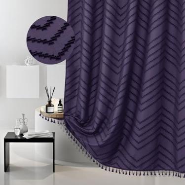 Imagem de Siiluminisoy Cortina de chuveiro boho extralonga, tecido 213,4 cm, roxo escuro, 182 x 213,4 cm, cortina de chuveiro tufada listrada Chevron moderna chique texturizada minimalista para banheiro