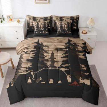 Imagem de Erosebridal Conjunto de edredom solteiro de fazenda com 7 peças, cama rústica de urso, caça, acampamento, para mulheres e homens, conjunto de cama com tábua de madeira de pinheiro vintage