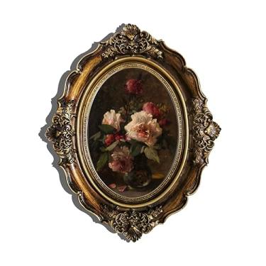 Imagem de XIAOAIKA Arte em tela oval barroca vintage, arte floral clássica de natureza morta com detalhes em relevo 3D, moldura de resina dourada bronze antigo para decoração de quarto, sala de estar, corredor