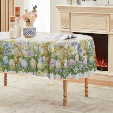 Imagem de Horaldaily Toalha de mesa de Páscoa 152 × 213 cm, oval, bege, grama da Páscoa, ovo, lavável, capa de mesa sazonal para decoração de festa, piquenique, jantar