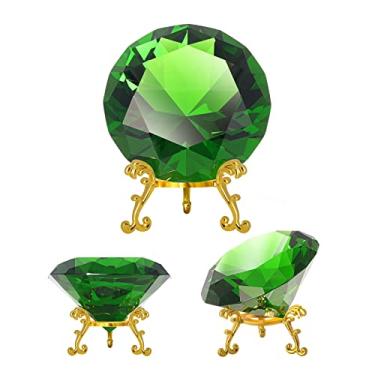 Imagem de SWTHONY Peso de papel de diamante de cristal verde de 80 mm (3,15 polegadas), fundo de diamante para imagens de unhas, esmeralda do caos de ouriço, diamante falso grande com base de metal dourado