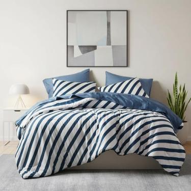Imagem de Jogo de cama casal listrado reversível em uma bolsa, 7 peças com design de listras de dupla face - jogo de cama quente e aconchegante inclui edredom de tamanho casal, conjunto de lençóis, fronhas e