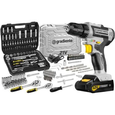 Imagem de Kit Furadeira Parafusadeira 12v + Jogo Soquetes 94 Peças - Gradiente