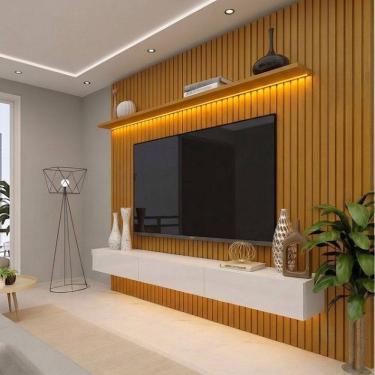 Imagem de Rack com Painel Ripado para TV até 90 Polegadas com LED 100% MDF 280cmX250cm 3 Gavetas Naturale