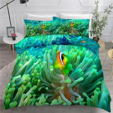 Imagem de Jogo de cama com estampa de peixe-palhaço California King, verde, coral, conjunto de 3 peças, capa de edredom de microfibra macia, 264 x 242 cm e 2 fronhas, com fecho de zíper e laços