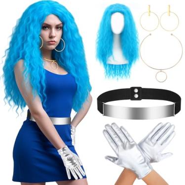 Imagem de Mepase Conjunto de 5 peças de acessórios de fantasia de Halloween alienígena fantasia de líder de torcida azul encaracolado peruca colar brincos com pingente redondo luvas prateadas cinto de cintura