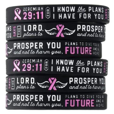 Imagem de (pacote com 6) pulseiras de conscientização do câncer de mama 29: 11 pulseiras de fé, fita rosa - pulseiras de suporte inspirador para sobreviventes de câncer de mama membros da família enfermeiras presentes de recuperação de incentivo hospitalar