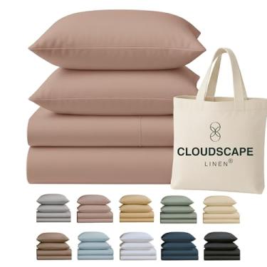 Imagem de Lençóis Cloud Scape Linen 100% algodão egípcio para cama queen size, 400 fios, qualidade hoteleira, conjunto de lençóis de algodão macio, durável, bolsos profundos de até 43 cm, rosa sépia