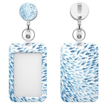 Imagem de Porta-crachá retrátil com clipe de mosquetão e chaveiro, várias opções de padrões, bonito e moderno (peixe azul)
