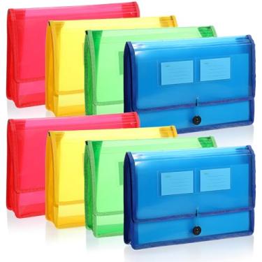 Imagem de Pacote com 8 pastas de arquivo expansíveis de plástico com cordão elástico e fecho de botão, à prova d'água, transparente, colorido, organizador de pasta de arquivo, bolsa sanfonada para escritório