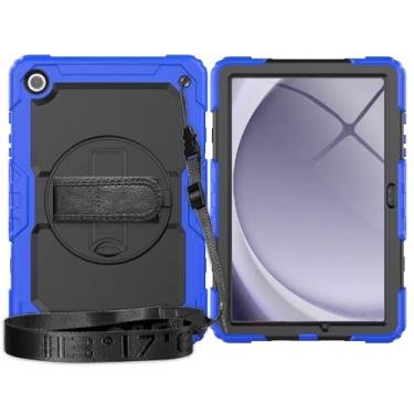 Imagem de Capa de TPU à prova de choque para Samsung Galaxy Tab A9 Plus 2023 SM-X210/SM-216/SM-X218 11 polegadas, capa protetora resistente com protetor de tela + alça de ombro + suporte giratório (azul escuro)
