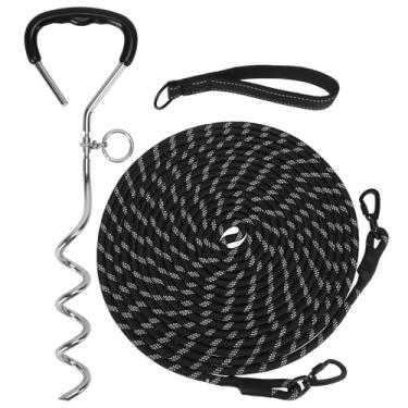 Imagem de Mihachi Estaca de amarração para cães e coleira longa para cães, coleira refletiva para treinamento com alça removível, estaca de chão de 40 cm, ideal para quintal, acampamento e praia, adequada para