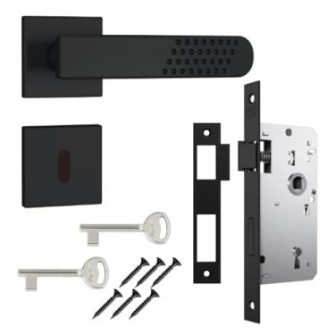 Imagem de Kit 1 Fechadura Completa Stam Preta Porta Madeira Interna 813/21 Maçaneta Roseta Quadrada Contra Testa Chaves Parafusos