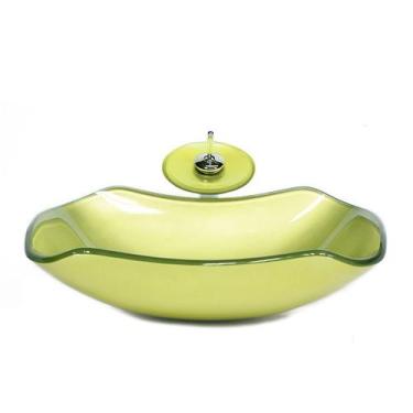 Imagem de Cuba de vidro abaulada 51cm verde oliva + valvula + torneira cascata -