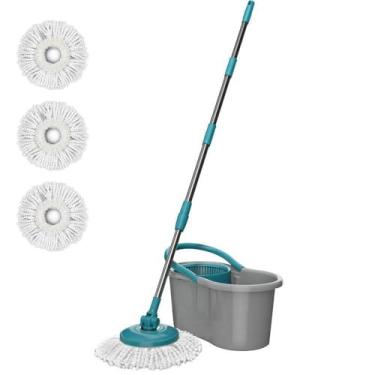 Imagem de Esfregão Mop Fit Giratório 3 Refis Microfibra Inteligente e Balde 8 Litros Cabo Inox
