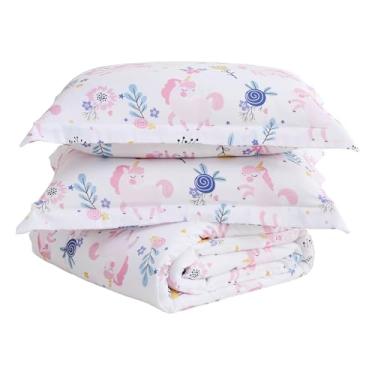Imagem de Yibeizi Conjunto de edredom de unicórnio rosa para meninas, solteiro, com estampa floral, boêmio, fofo, leve, macio, respirável, lavável na máquina, conjunto de 2 peças