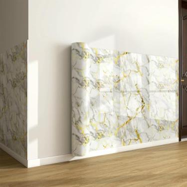 Imagem de Papel de parede de imitação de grão de madeira com textura de mármore de folha dourada autoadesivo à prova d'água e à prova de umidade para sala de estar banheiro e cozinha renovação Yunmai folha